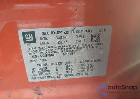 2016 Chevrolet Trax 1Lt из США, поврежденный, VIN KL7CJPSB3GB718090